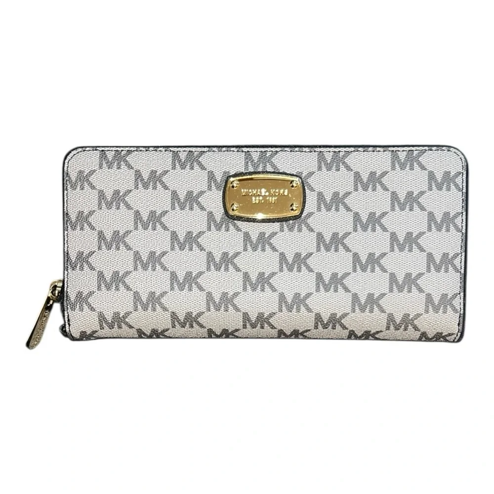 Michael Kors Jet Set Travel Zip Around Wallet MK Logo White Gray PVC